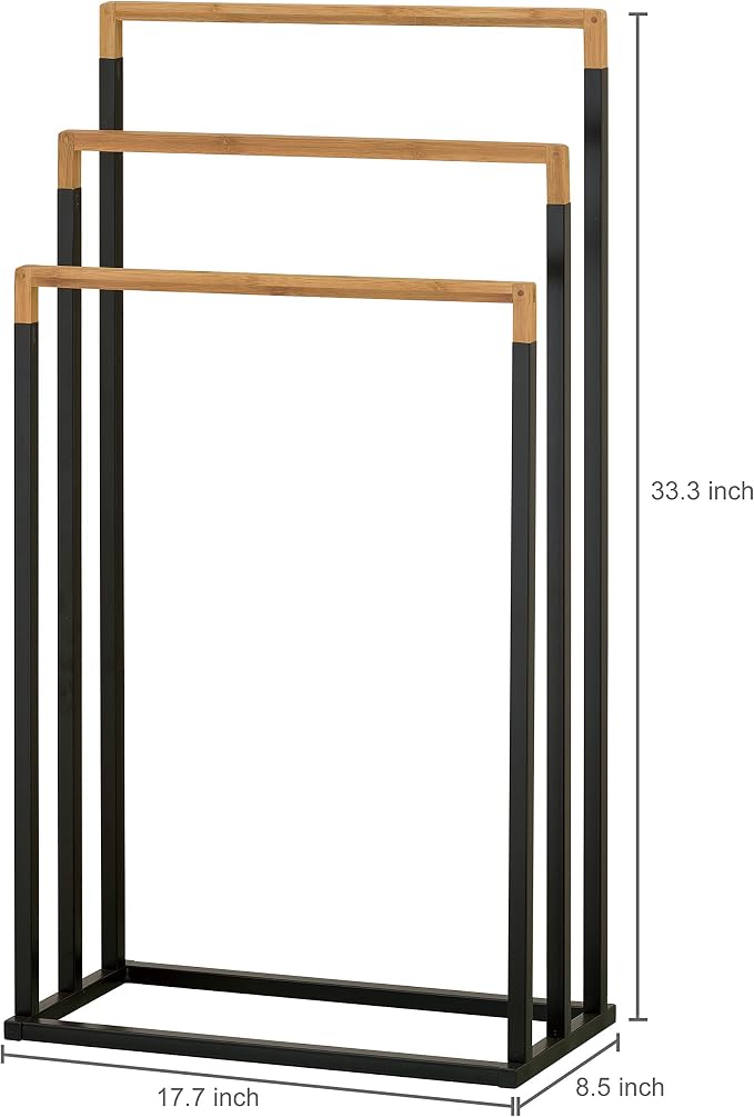 MyGift 33 Inch Standing Towel Rack, Freestanding Bath Towel Holder with 3 Tier Bamboo Wood Bar and Black Chrome Plated Metal, Drying Rack Stand for Bathroom, Laundry