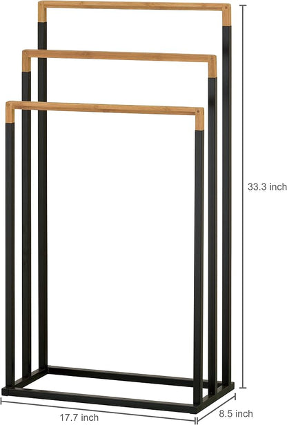 MyGift 33 Inch Standing Towel Rack, Freestanding Bath Towel Holder with 3 Tier Bamboo Wood Bar and Black Chrome Plated Metal, Drying Rack Stand for Bathroom, Laundry