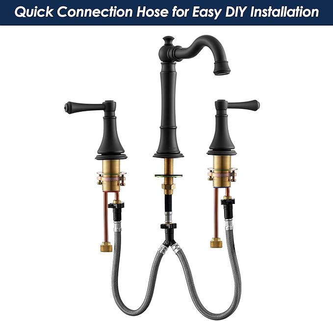 2-Handle Matte Black Bathroom Faucet 8 inch Widespread for 3 Holes with Plastic Pop-Up Drain, Classic Black Bathroom/Lavatory/Vanity Sink Faucets, High Arc 360° Swivel Brass Spout