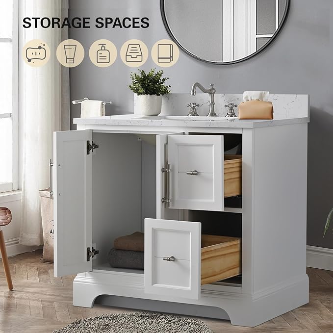 HOMEBEYOND 36 Inch Bathroom Vanity with Single Sink & Ceramic Top, Vanity Cabinet with Center Countertop Basin, Soft-Closing Doors, Backsplash, White