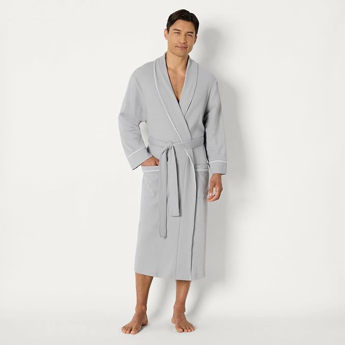 Amazon Essentials Men's Lightweight Cotton Waffle Bath Robe, Mid-Length Loungewear (Available in Big & Tall)