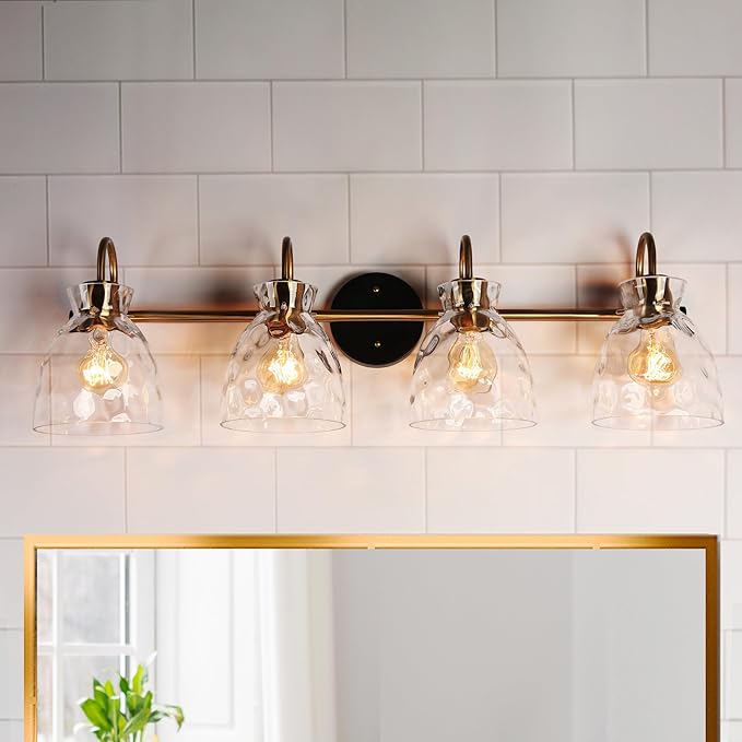 KSANA Bathroom Light Fixtures, 31" Large Vanity Lights Over Mirror 4 Light Bathroom Lighting with Textured Glass Mid-Century Modern Vanity Light for Dressing Room, Powder Room