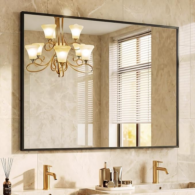 NEWBULIG Bathroom Wall Mirror, Vanity Mirror, 30x40 Inch | Rectangle Metal Frame, Tempered Glass, Over Sink Entryway, Living Room Hang, Anti-Rust, Black