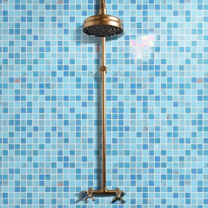 11.5 sq.ft Iridescent Blue Glass Mosaic Tile for Bathroom, Pool, Backsplash | Waterproof Wall & Floor Tile. Heat & frost resistant outdoors. Mesh-mounted easy install. Use any grout. Easy clean. 10pcs.