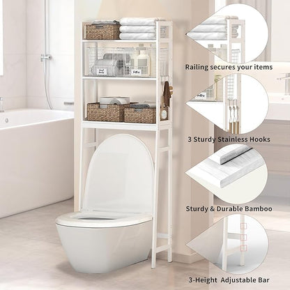 BAMBANG Over The Toilet Storage Rack, 3-Tier Over The Toilet Storage Shelf with 3 Hooks, Freestanding Above Toilet Bathroom Organizer Shelves for Space Saver Storage, Bamboo White