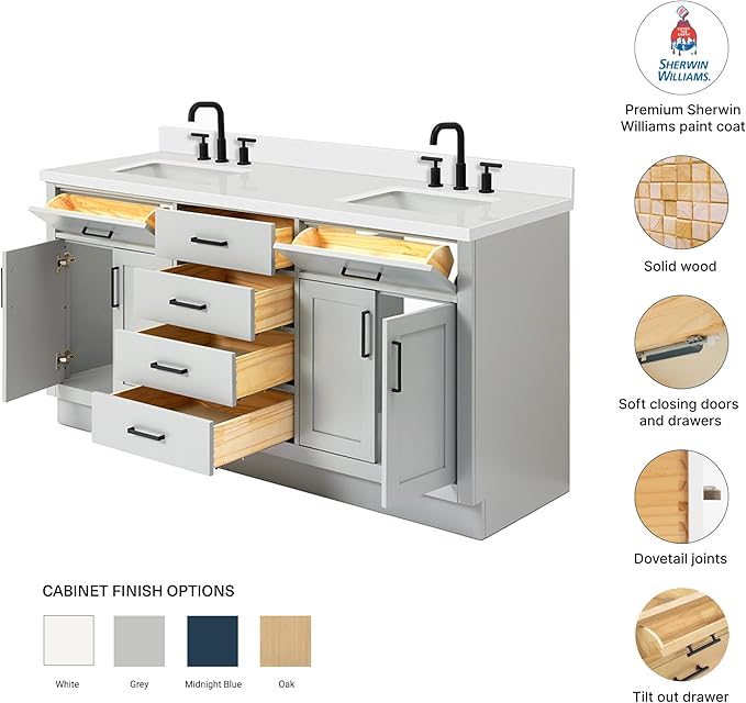 DKB Isabella 72 Inch Bathroom Vanity Double Sink — Grey Bathroom Vanity with Sink, 1.5" Edge Pure White Quartz Countertop, 4 Soft-Close Doors, 4 Dovetail Drawers, and 2 Tilt Drawers