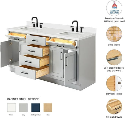 DKB Isabella 72 Inch Bathroom Vanity Double Sink — Grey Bathroom Vanity with Sink, 1.5" Edge Pure White Quartz Countertop, 4 Soft-Close Doors, 4 Dovetail Drawers, and 2 Tilt Drawers