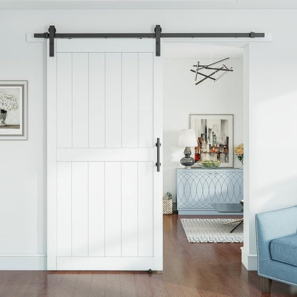 SMARTSTANDARD 42" x 96" White Sliding Barn Door with 7FT Black Hardware | Pre-Drilled Ready to Assemble, Waterproof PVC Coating, H-Frame