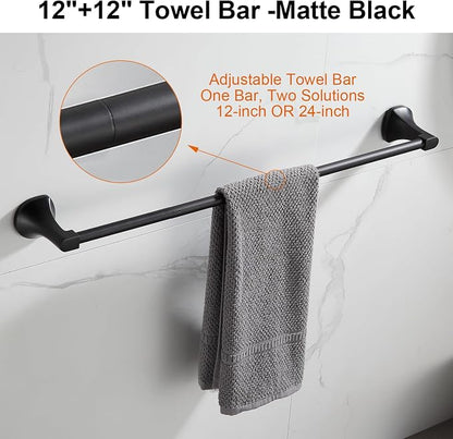 BGL Bathroom Hardware Set Matte Black Adjustable Expandable Towel Bar 4-Piece Bathroom Accessory Set Wall Mounted Robe Hook Toilet Paper Holder Towel Ring Towel Bar