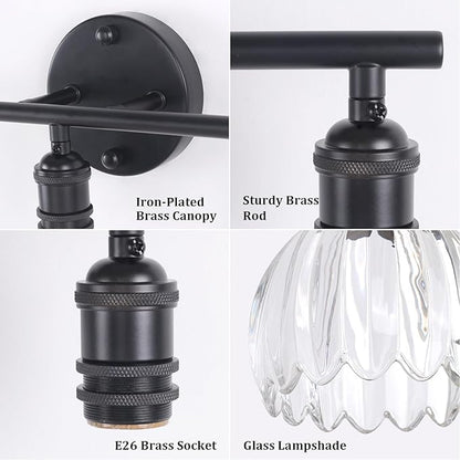 Bathroom Light Fixtures, 3-Light Black Vanity wall Light Over Mirror with Clear Tulip Glass Shade for Bedroom Living Room (Bulb Not Included)