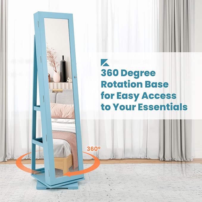 COSTWAY 360 Rotating Jewelry Armoire Cabinet, Standing Jewelry Organizer w/Full-Length Mirror & Large Storage Space, Lockable Mirror Jewelry Cabinet for Girls Women (Light Blue)