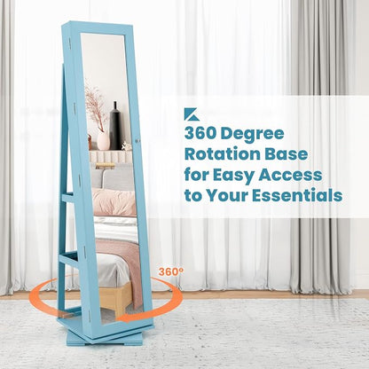 COSTWAY 360 Rotating Jewelry Armoire Cabinet, Standing Jewelry Organizer w/Full-Length Mirror & Large Storage Space, Lockable Mirror Jewelry Cabinet for Girls Women (Light Blue)