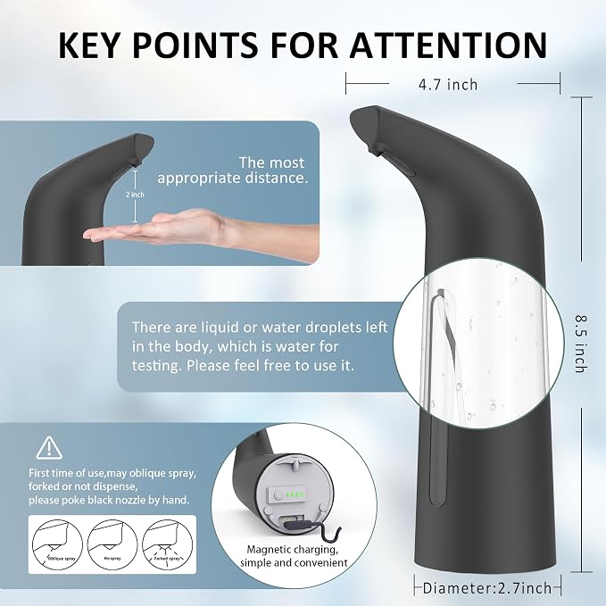 Automatic Liquid Soap Dispenser, 4-Level,Rechargeable | Plastic,13.5oz/400ml Black Touchless Electric Hand & Dish Countertop Soap Dispensers with Sensor for Bathroom,Kitchen Sink