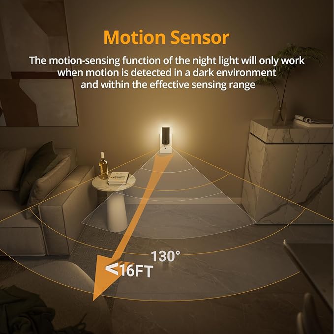 Plug-in LED Rotatable Night Light with Motion Sensor, Dimmable Backlit Nightlight with 1-150lm Adjustable Brightness for Bathroom, Bedroom, Hallway, Stairs, 2 Pack
