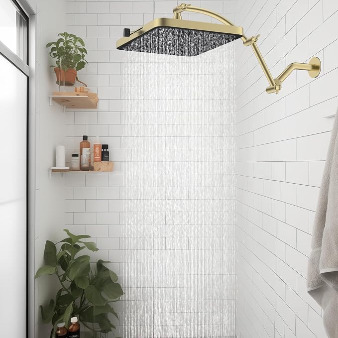 Hibbent Rain Shower Head, 13'' High Pressure Rainfall Square 5 Spray Mode Showerhead with 16" Shower Head Extension Arm, Solid Brass Adjustable Shower Arm Extender, Brushed Gold