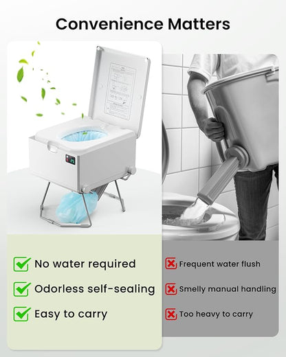 LE-310 Smart Dry Flush Toilet for RV and Off-Grid Living | Rechargeable portable toilet with waterless one-click sealing for vans, trucks, car travel, tiny homes, camping and backup