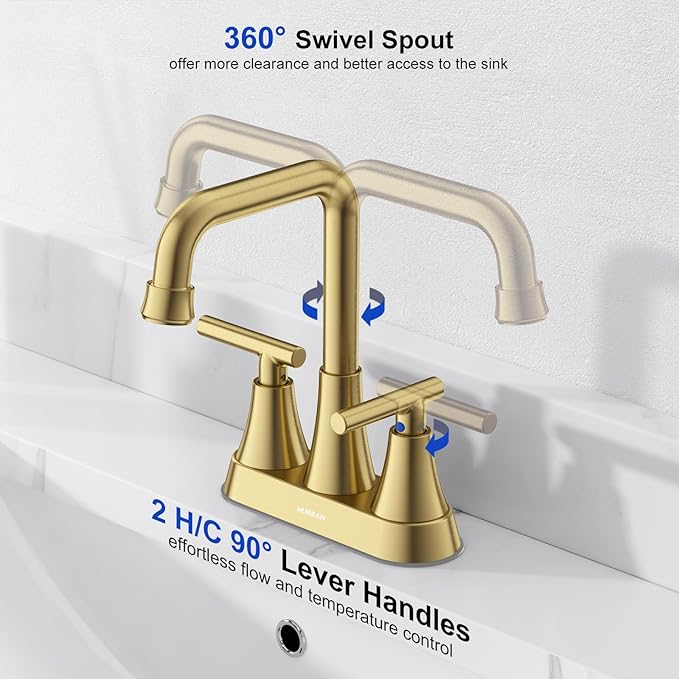 Bathroom Sink Faucet, Hurran 4 inch Brushed Gold Bathroom Faucets for Sink 3 Hole with Pop-up Drain and Supply Hoses, 360 Swivel Spout 2-Handle Centerset Faucet for Vanity RV Farmhouse