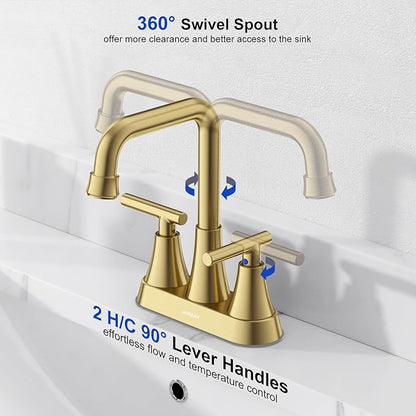 Bathroom Sink Faucet, Hurran 4 inch Brushed Gold Bathroom Faucets for Sink 3 Hole with Pop-up Drain and Supply Hoses, 360 Swivel Spout 2-Handle Centerset Faucet for Vanity RV Farmhouse