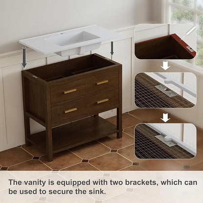 36 Inch Bathroom Vanity with Sink, Farmhouse Storage Cabinet with Drawers & Open Storage Shelf, Assembly Required, Adjustable Feet, Walnut