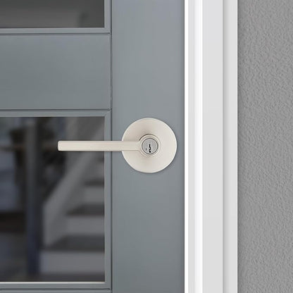 Kwikset Halifax Entry Door Handle with Lock and Key, Secure Round Keyed Reversible Lever Exterior, for Front Entrance and Bedrooms,Satin Nickel, Pick Resistant Smartkey Rekey Security and Microban