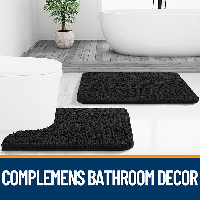 OLANLY Bathroom Rugs 34x21, Extra Soft Absorbent Chenille Bath Rugs | Black, Quick-Drying Rubber Backing, Machine Washable Bath Mat for Bathroom Floor, Tub and Shower, Home Decor Accessories