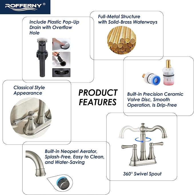 4" Centerset Brushed Nickel Bathroom Faucets for 2/3-Hole Sinks | Includes Plastic Pop-Up Drain, Classic 4" Center Set Lavatory/Bath Vanity Faucets, 2-Handle High Arc 360° Swivel Brass Spout