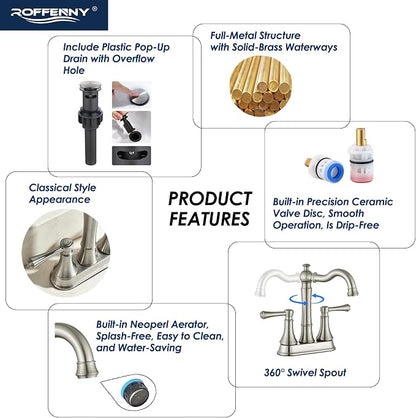 4" Centerset Brushed Nickel Bathroom Faucets for 2/3-Hole Sinks | Includes Plastic Pop-Up Drain, Classic 4" Center Set Lavatory/Bath Vanity Faucets, 2-Handle High Arc 360° Swivel Brass Spout