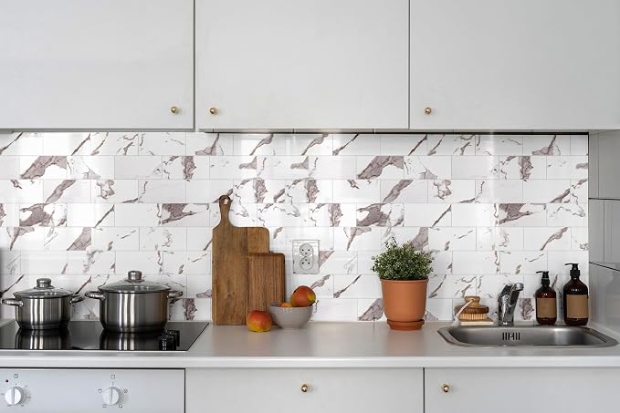 StyloVue 100 Pieces Peel and Stick Backsplash for Kitchen, 3" x 6" PVC Subway Tile 2026 Upgraded White Marble with Gold Accent Backsplash Stick on Tile Elevate Kitchen Fireplace RV