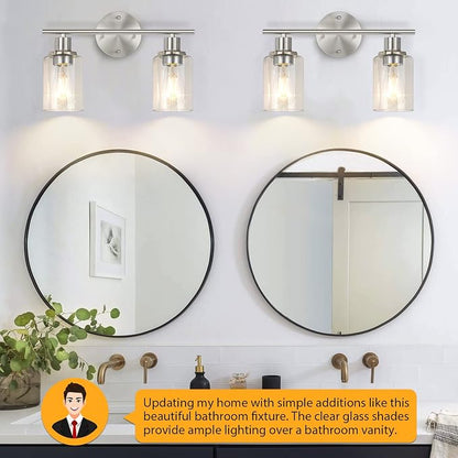 Bathroom Light Fixtures, 2 Light Vanity Light, Silver Wall Sconces Lighting | Modern Bath Wall Mounted Lights with Glass Shade, Porch Wall Lamp for Mirror, Living Room, Bedroom, Brushed Nickel