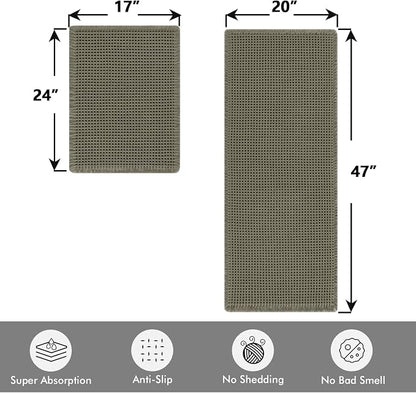 MIULEE Set of 2 Waffle Bathroom Rugs Boho Bath Mat Green 17"x24"+20"x47" | Non Slip, Super Absorbent, Washable, Ultra Soft, Rubber Backed, Small Bath Rug and Bathroom Runner for Floor Tub Shower