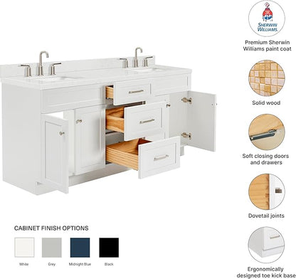DKB Bradford 72 Inch Bathroom Vanity Double Sink — White Bathroom Vanity with Sink, 1.5" Edge Carrara White Countertop & Backsplash, 4 Soft-Close Doors, and 3 Dovetail Drawers