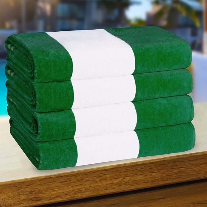 Superior Cotton Striped Beach Towels, Colorful Towels for Adult, Kid, Pool, Swimming, Sand, Travel, Large Oversized, Absorbent, Fast Drying, Bath Basics, Cabana Collection, Set of 4, Dark Green