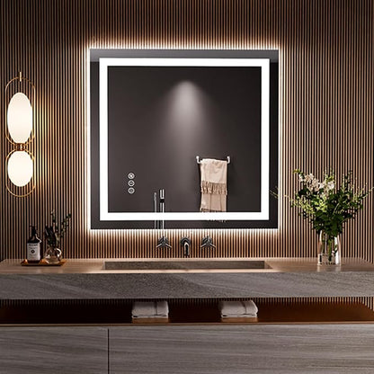 LOAAO 36"x34" LED Bathroom Mirror with Lights, UL Listed | Anti-Fog, Dimmable, 3 Color Temperature, Backlit + Front Lit, Memory Function, Tempered Glass