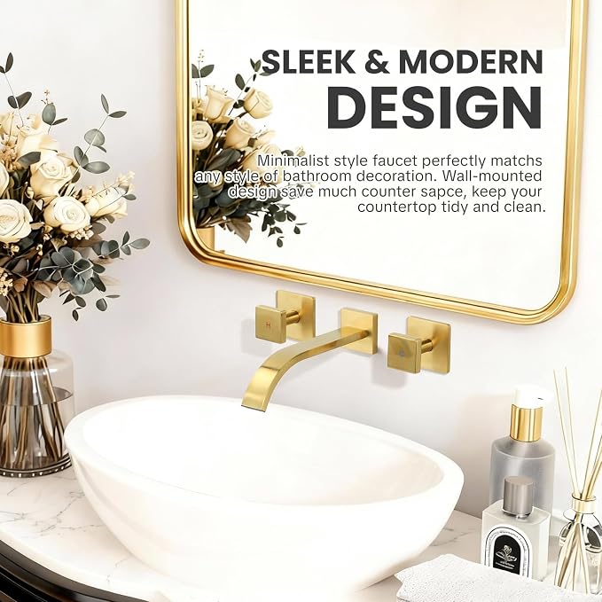 Wall Mounted Bathroom Sink Faucet, Brushed Gold Bathroom Faucet | Waterfall Bathroom Sink Faucet with Two Handles, Controllable Heat and Cold, Solid Brass Wall-Mount Washroom Faucets