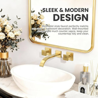 Wall Mounted Bathroom Sink Faucet, Brushed Gold Bathroom Faucet | Waterfall Bathroom Sink Faucet with Two Handles, Controllable Heat and Cold, Solid Brass Wall-Mount Washroom Faucets