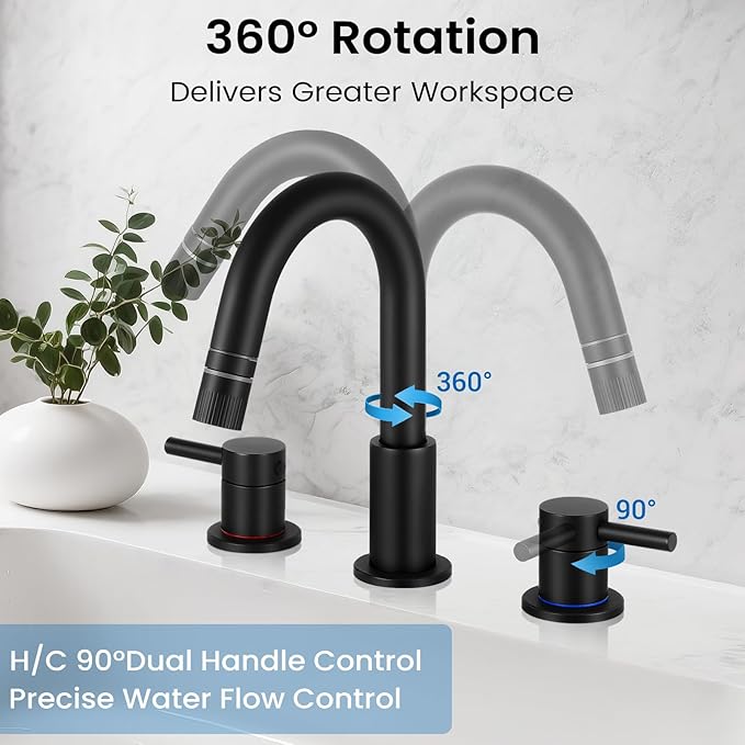 Bathroom Faucet 3 Hole, 8 Inch Widespread 2 Handle Pull Down Bathroom Sink Faucets with Pop Up Drain and 360° Swivel Spout,Matte Black