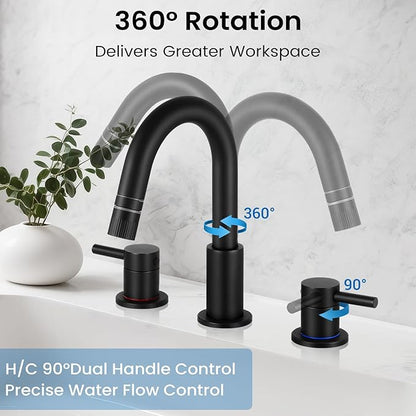 Bathroom Faucet 3 Hole, 8 Inch Widespread 2 Handle Pull Down Bathroom Sink Faucets with Pop Up Drain and 360° Swivel Spout,Matte Black