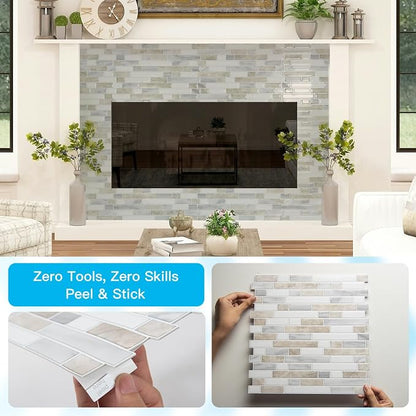 Art3d Linear Design Tile Peel and Stick Backsplash, 10-Sheet, Beige & White | 12 x 12 Inch, Enhanced Thickness, Warp Resistant, Strong Adhesion, Sturdy, for Kitchen, Bedroom, Ideal for Home Improvement