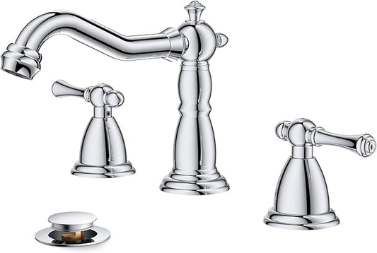 FORIOUS Bathroom Sink Faucet 3 Holes, 2 Handle Faucet for Bathroom Sink with Pop-Up Drain and Water Supplies for Commercial, Vanity, Lavatory, Restroom, Farmhouse (Chrome)