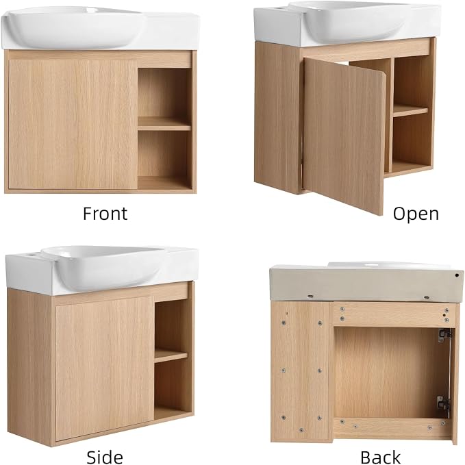 26" Wall Mounted Bathroom Vanity with Sink, Small Vanity, Oak | Integrated Ceramic Sink, Soft-Close Door & 2 Open Storage Shelves, Small Bath Vanity Set, Easy to Clean