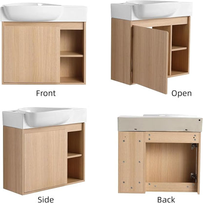 26" Wall Mounted Bathroom Vanity with Sink, Small Vanity, Oak | Integrated Ceramic Sink, Soft-Close Door & 2 Open Storage Shelves, Small Bath Vanity Set, Easy to Clean