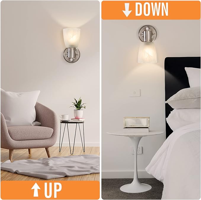 EJIAXIN Wall Sconces Set of 2, Brushed Nickel Vanity Lights for Bathroom, Modern Wall Light Fixtures with Rotary Switch, Wall Mount Light with Frosted Glass, Farmhouse Lamp for Bedroom Living Room