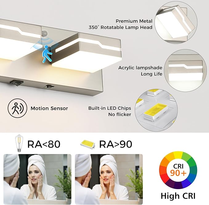 LED Modern Bathroom Vanity Light Fixtures 3-Light, 19 inch 3CCT Dimmable Nickel Motion Sensor Vanity Lights for Bathroom Lighting Fixtures Over Mirror, with 350° Rotatable Acrylic Heads