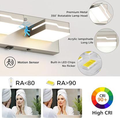 LED Modern Bathroom Vanity Light Fixtures 3-Light, 19 inch 3CCT Dimmable Nickel Motion Sensor Vanity Lights for Bathroom Lighting Fixtures Over Mirror, with 350° Rotatable Acrylic Heads