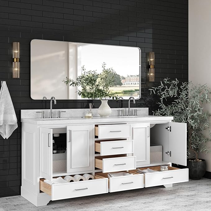ARIEL Stafford 72-inch Bathroom Vanity with Sink,Solid Wood, 1.5-inch Italian Carrara Marble Countertop, Double Rectangular Porcelain Sink, 4 Soft Closing Doors, 6 Dovetail Drawers, White