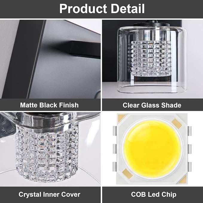 Somniferous 3-Light LED Vanity Light, Modern Bathroom Light Fixtures Over Mirror with Clear Glass Shades, 3000K/4000K/5000K Selectable, Dimmable Matte Black Vanity Lights for Bathroom