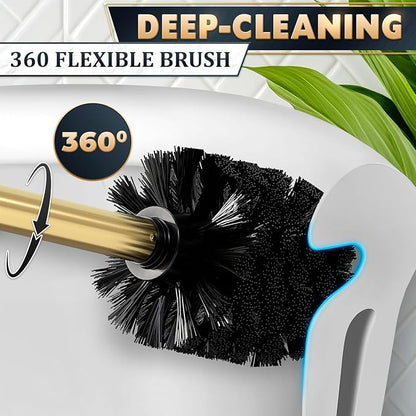 Gold Toilet Brush and Holder Set, Stainless Steel (Wall Mounted) | Toilet Brush with Holder Set, Splash Protection & Dense Bristles for Bathroom Cleaning, Strong Vacuum Suction and Holder