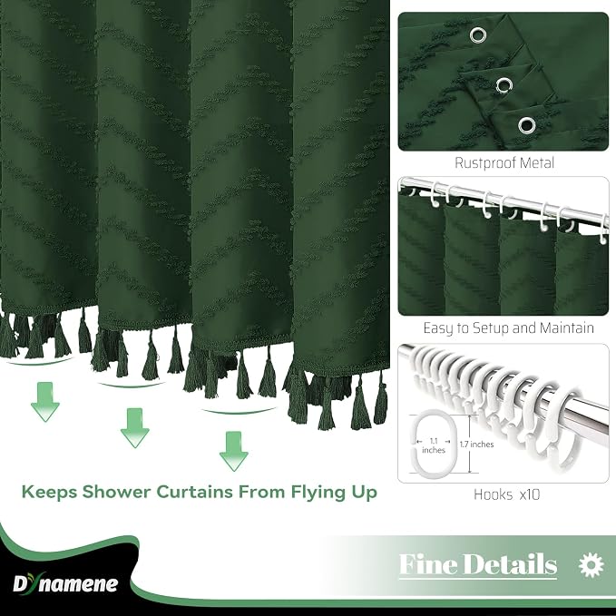 Stall Boho Shower Curtain Tufted Chevron 60"x72" Dark Green | 60 Inch Wide, Elegant Tassel, Lightweight Textured Fabric, Water Repellent, Washable, for Narrow Bathroom/Dorm 10 Hooks