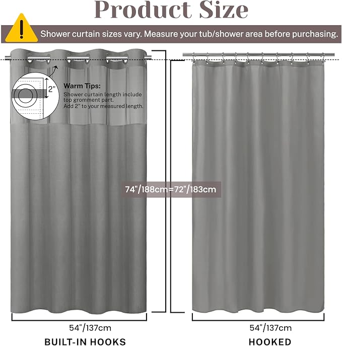 SORTTO No Hook Slub Shower Curtain with Liner, 54x74, Grey | Snap in Liner, 3 in 1, Bamboo Texture, Hotel Style, Waterproof Fabric, Mesh Top Window, Corner Magnets, Machine Washable