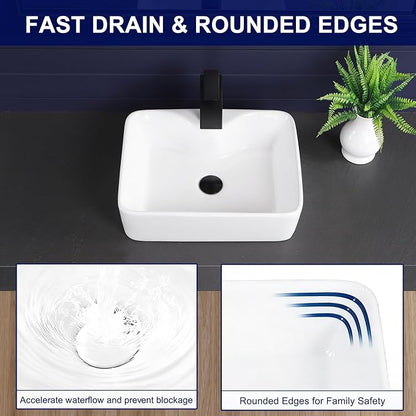 Vessel Sink 19"x15" Rectangular Bathroom Sink Modern White Porcelain Ceramic Above Counter Drop-in Vanity Sink for Bathrooms Art Basin with Faucet Hole